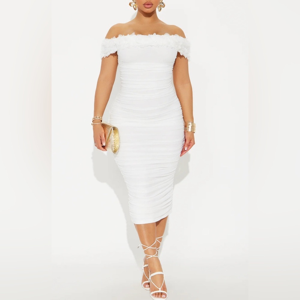 Sarina Ruched Mesh Midi Dress - White